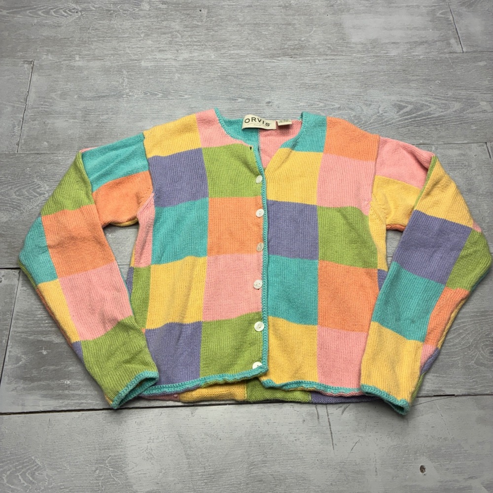Orvis Cardigan Women XS Multi Color Patchwork Ramie Cotton Knit Button Sweater
